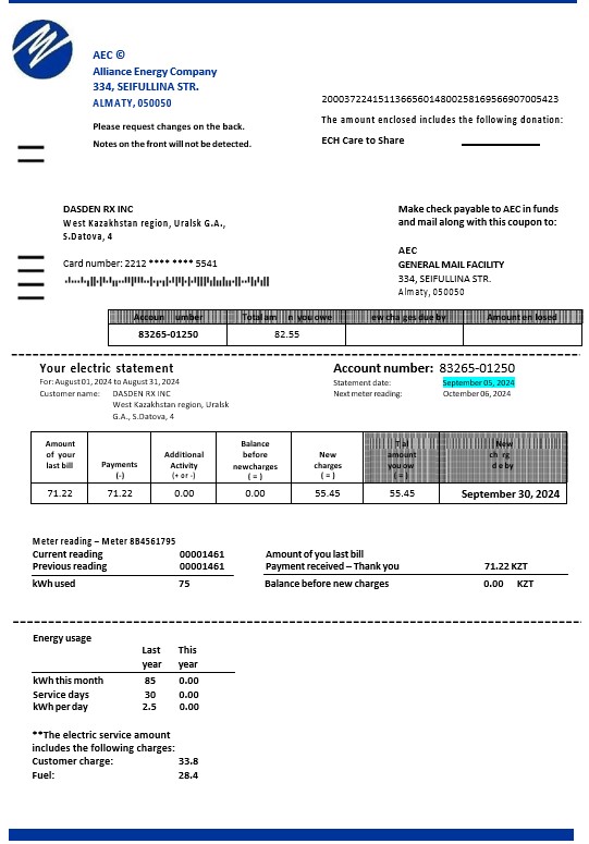 Kazakhstan Alliance Energy Company (AEC) business utility bill Word and PDF template PSD template